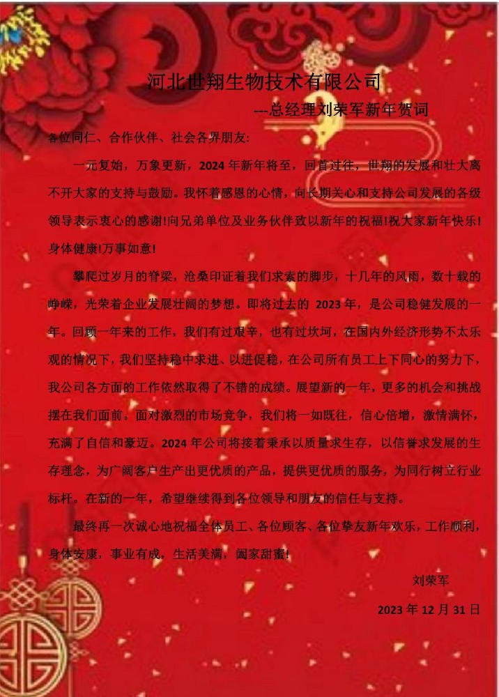 世翔總經(jīng)理劉榮軍新年賀詞